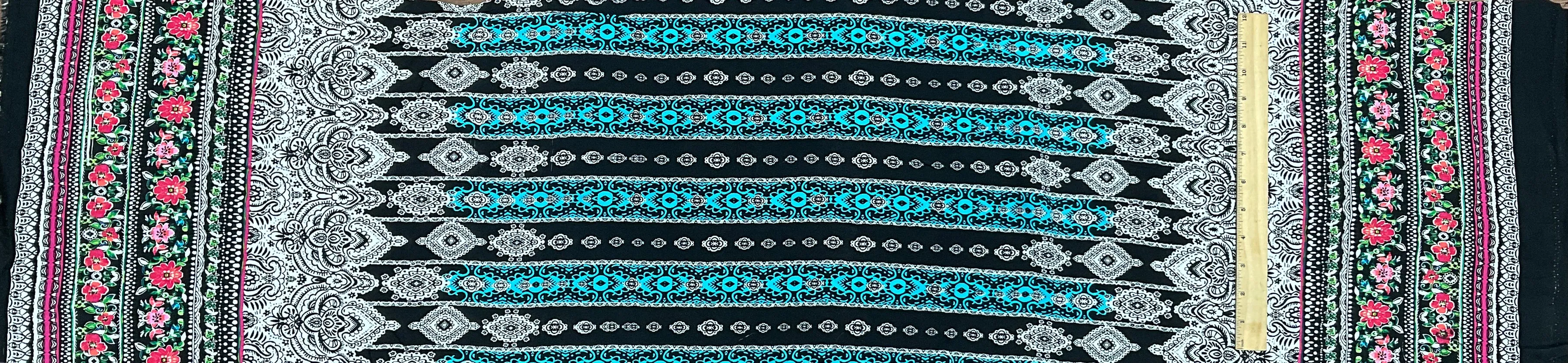 1 1/2 YD PC-Black-Aqua-Multi Floral Border Printed Cotton Batiste Fabric