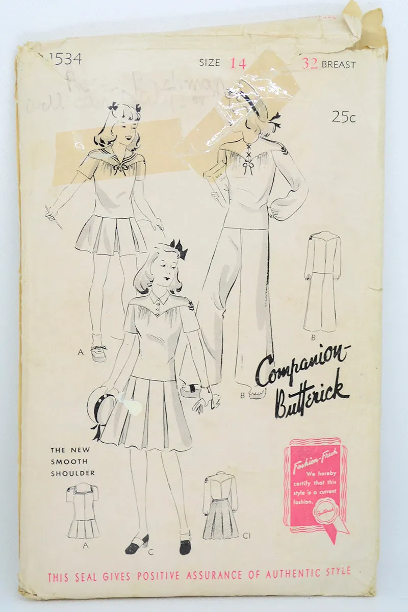 1940s Butterick 1534 Sewing Pattern Juniors & Girls Sailor Style Skirt or Pant Outfit