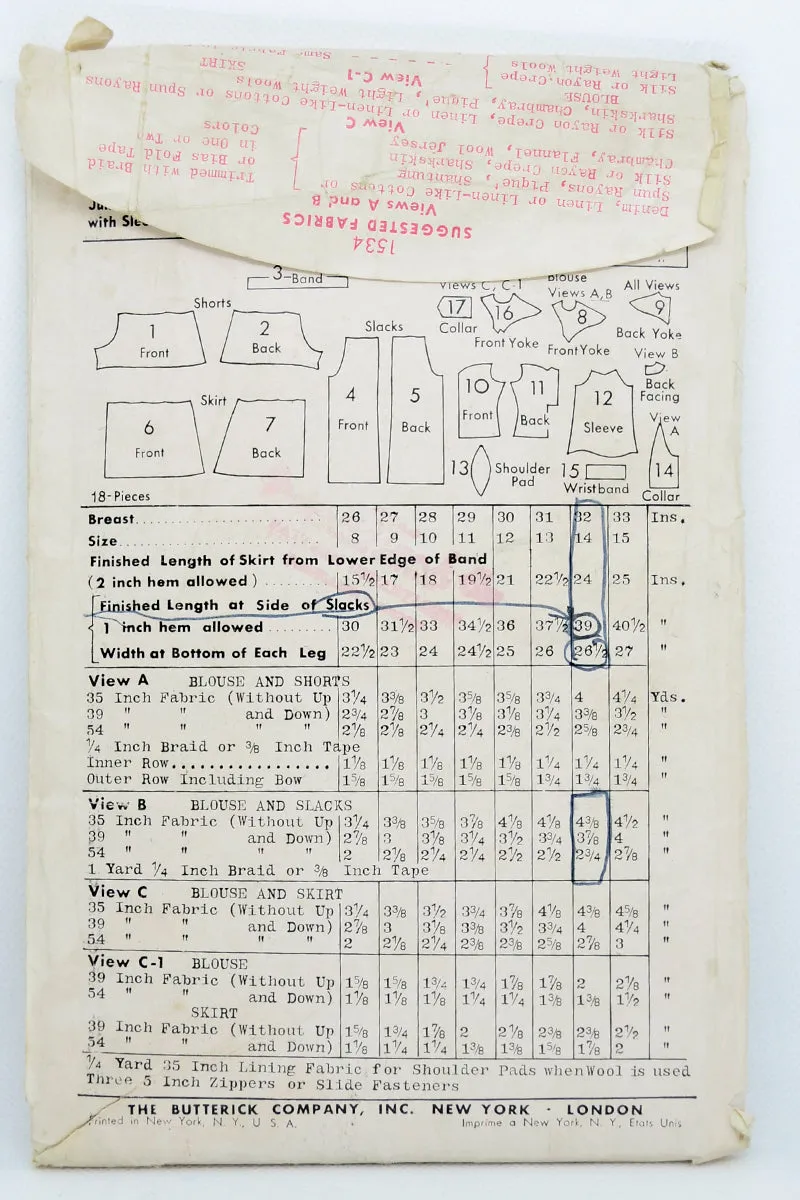 1940s Butterick 1534 Sewing Pattern Juniors & Girls Sailor Style Skirt or Pant Outfit