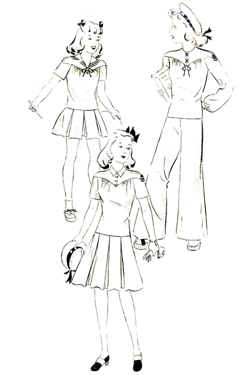 1940s Butterick 1534 Sewing Pattern Juniors & Girls Sailor Style Skirt or Pant Outfit