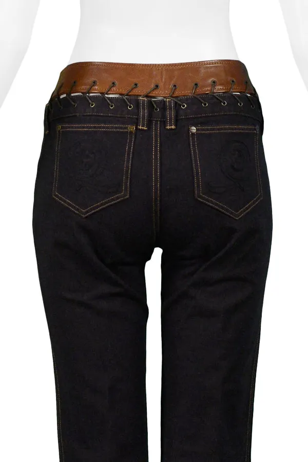 ALEXANDER MCQUEEN DENIM & BROWN LEATHER TRIM JEANS