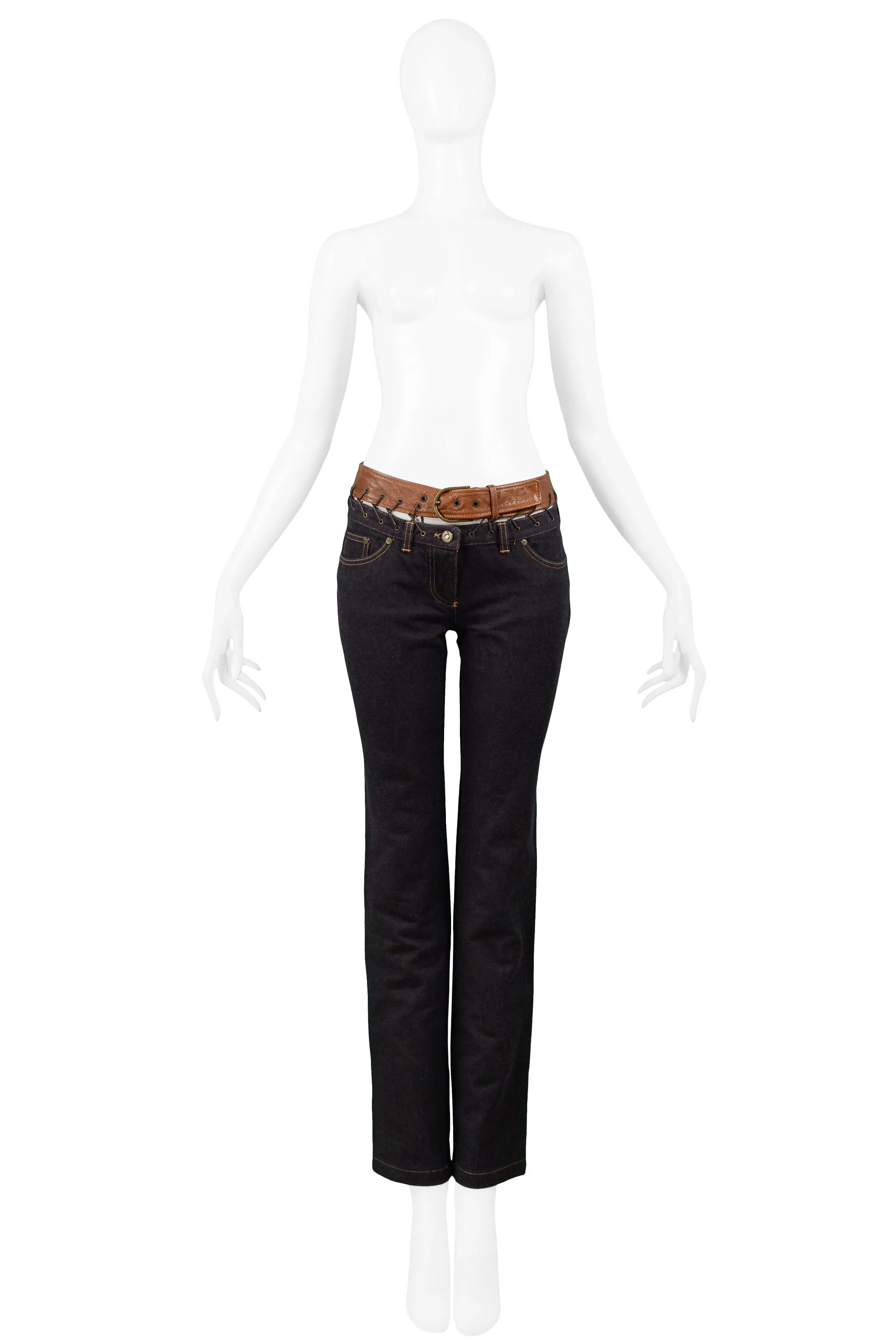 ALEXANDER MCQUEEN DENIM & BROWN LEATHER TRIM JEANS