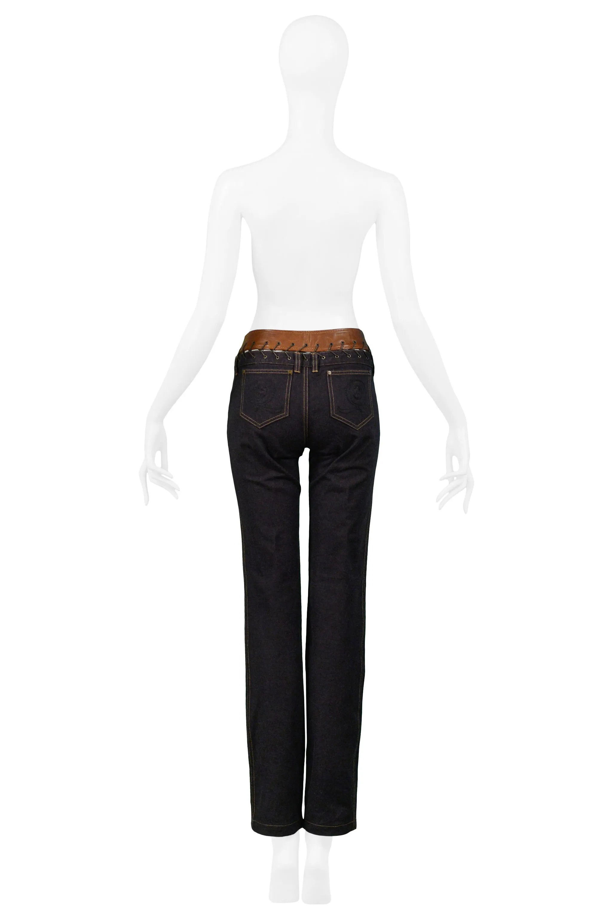 ALEXANDER MCQUEEN DENIM & BROWN LEATHER TRIM JEANS