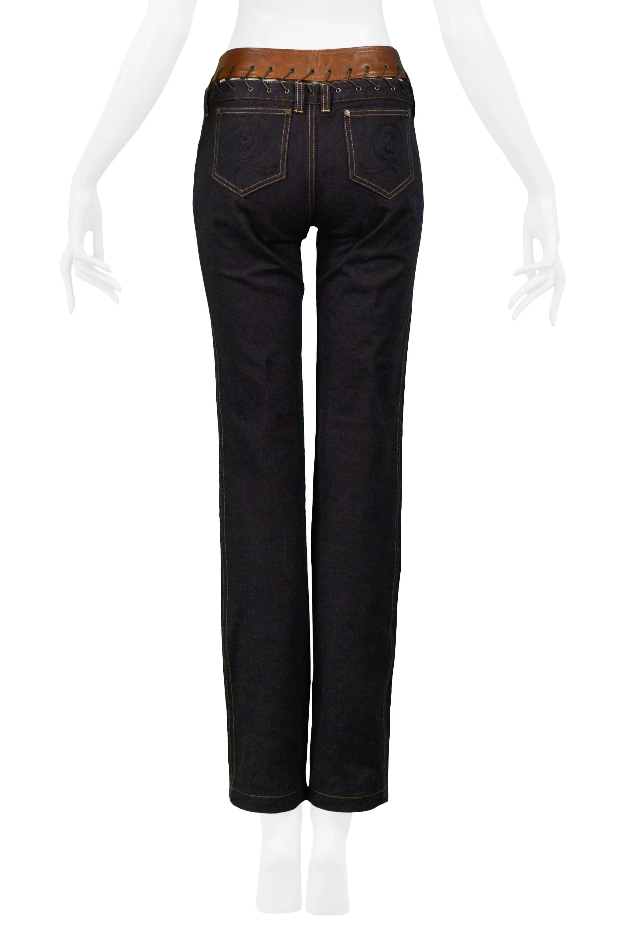 ALEXANDER MCQUEEN DENIM & BROWN LEATHER TRIM JEANS