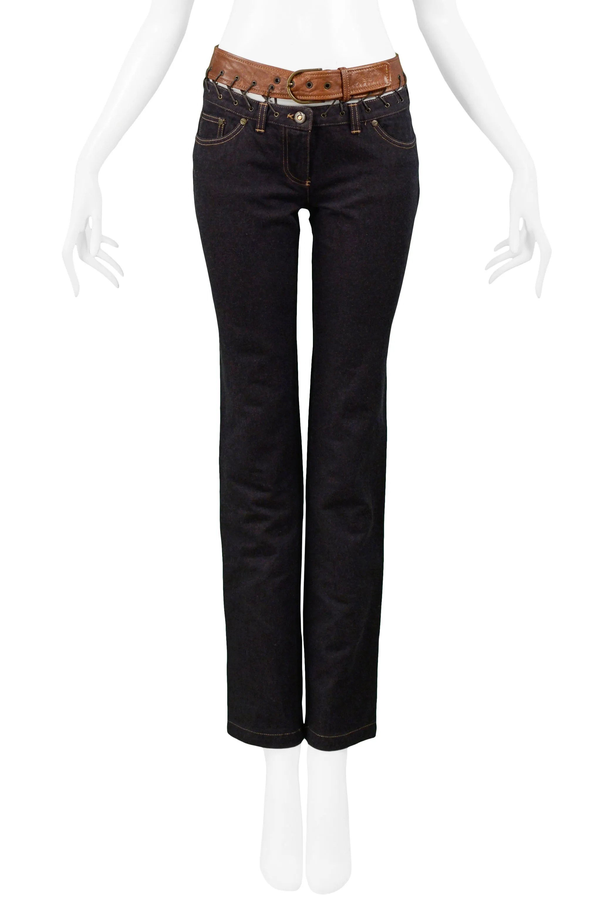 ALEXANDER MCQUEEN DENIM & BROWN LEATHER TRIM JEANS