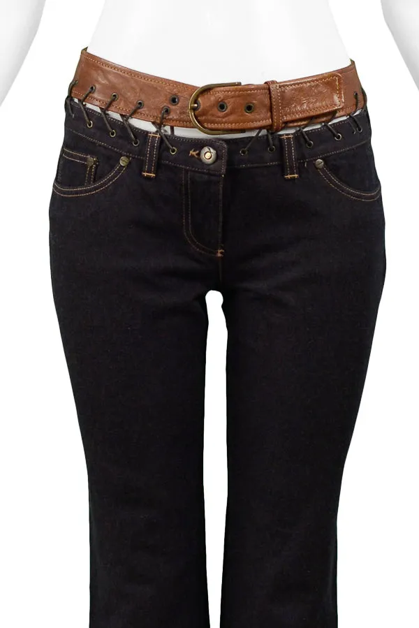 ALEXANDER MCQUEEN DENIM & BROWN LEATHER TRIM JEANS