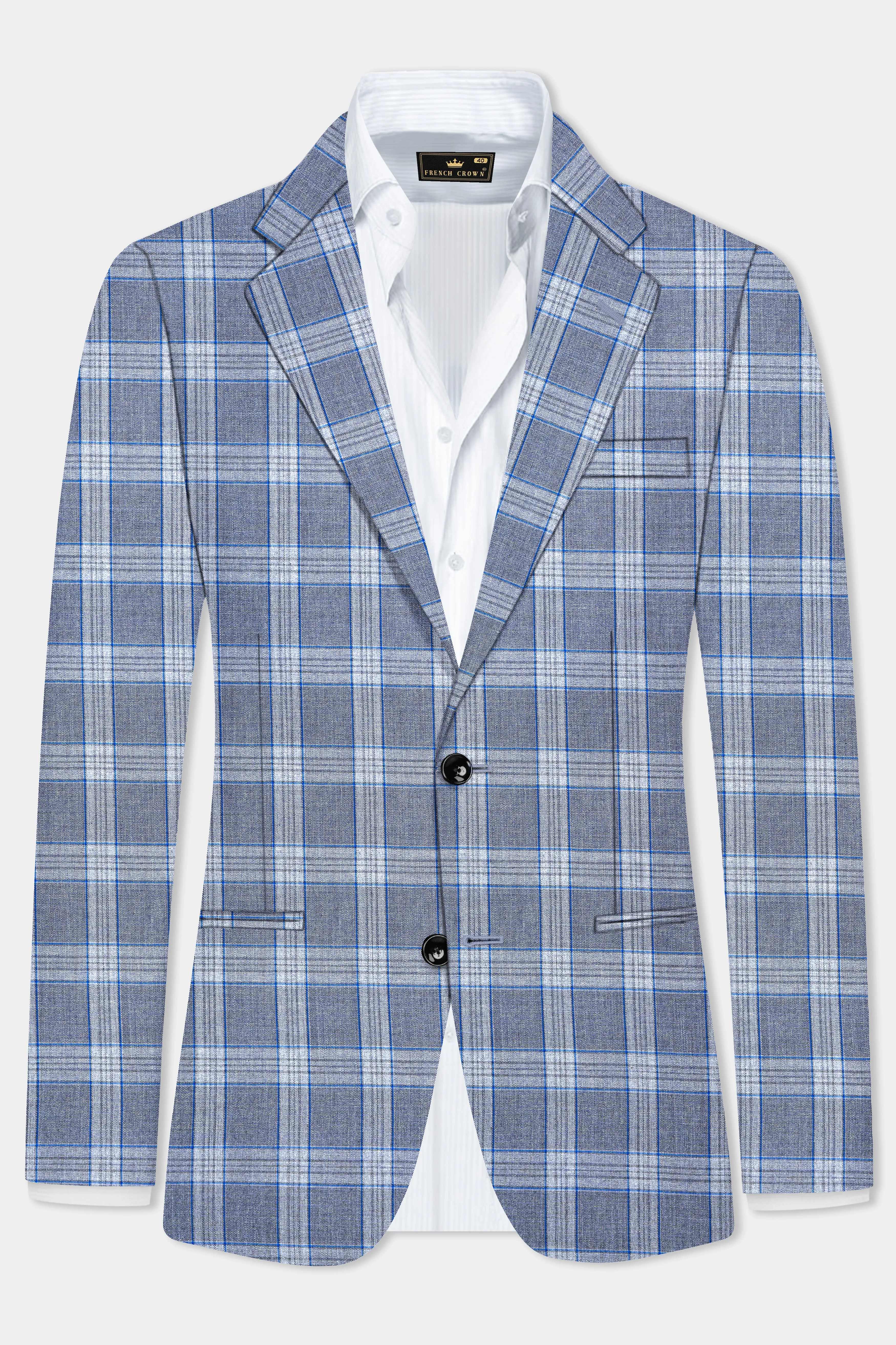 Amethyst Smoke Blue Checked Wool Blend Blazer