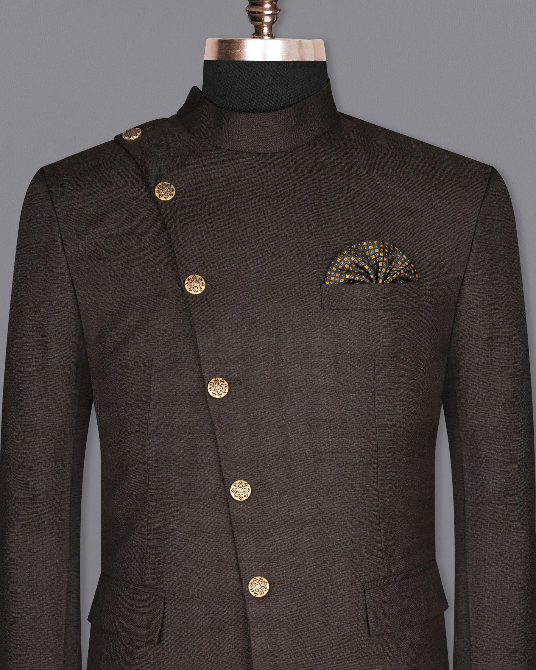 Armadillo Brown subtle windowpane Cross Placket Wool Rich Bandhgala Blazer