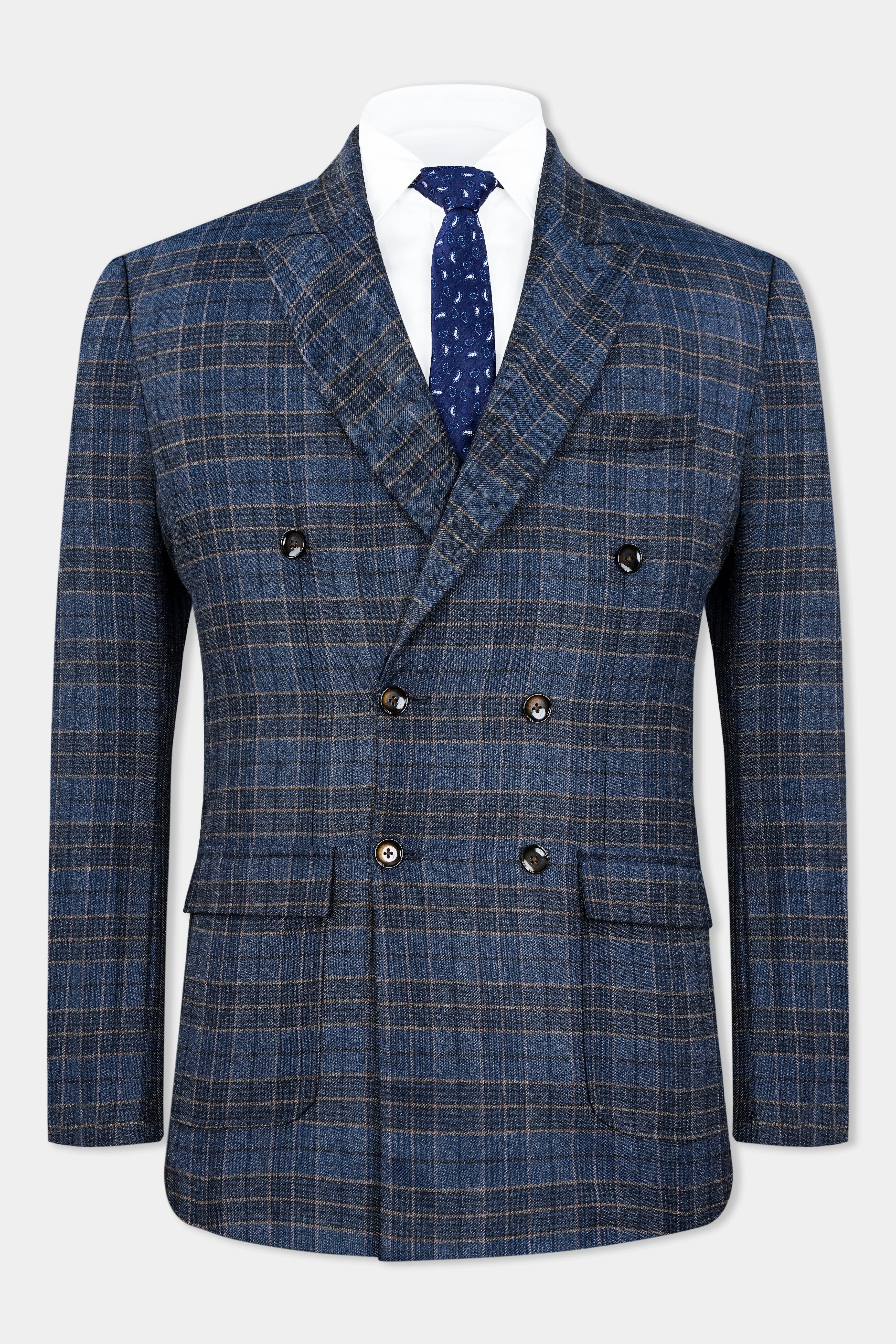 Bayoux Blue and Ironside Gray Plaid Tweed Double Breasted Blazer