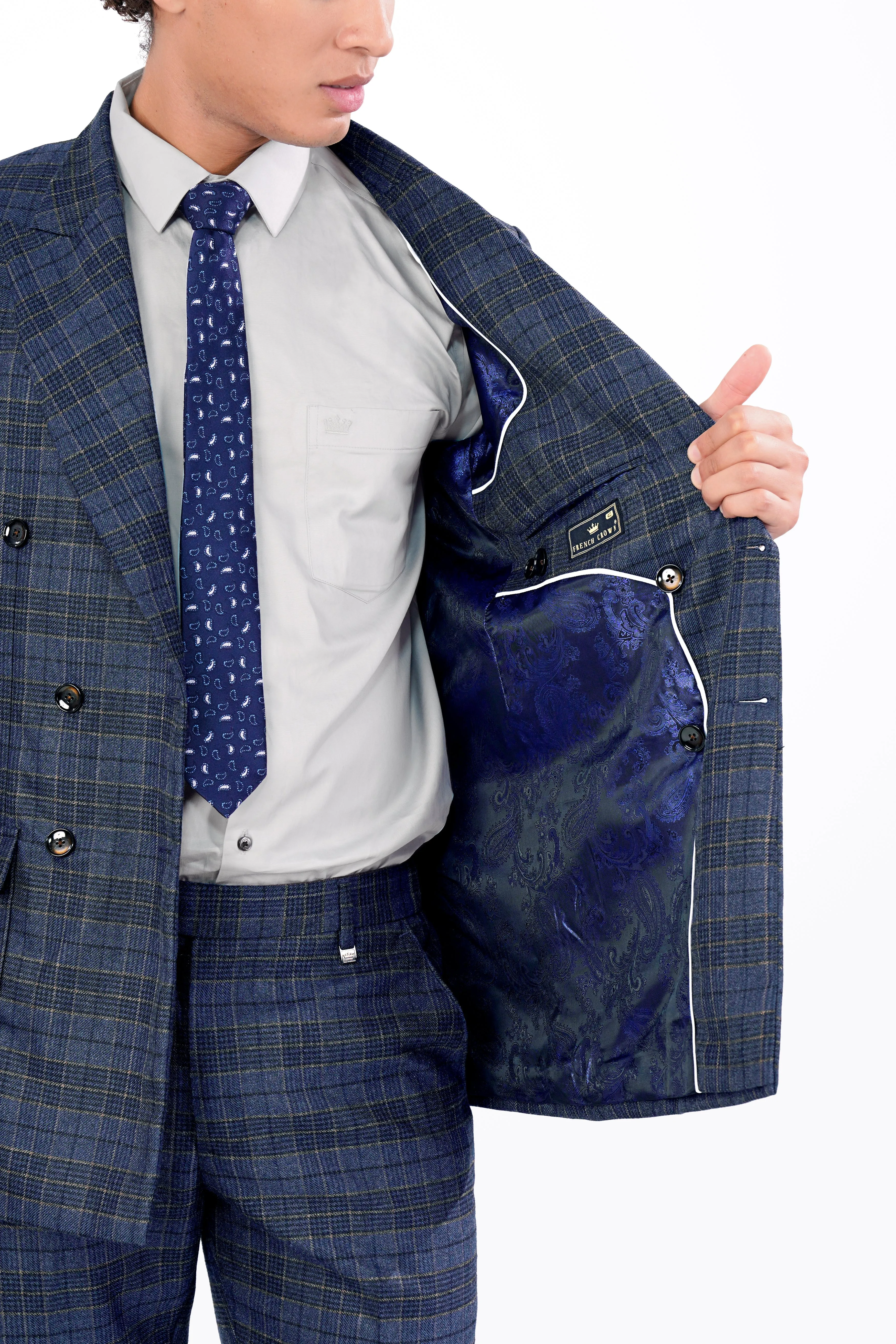 Bayoux Blue and Ironside Gray Plaid Tweed Double Breasted Blazer