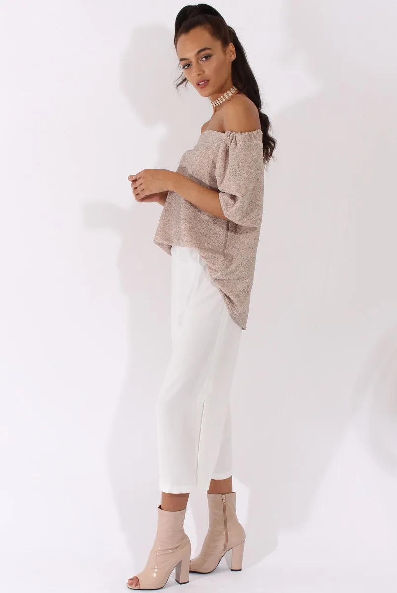 Beige Textured Bardot Split Back Top - Hadley