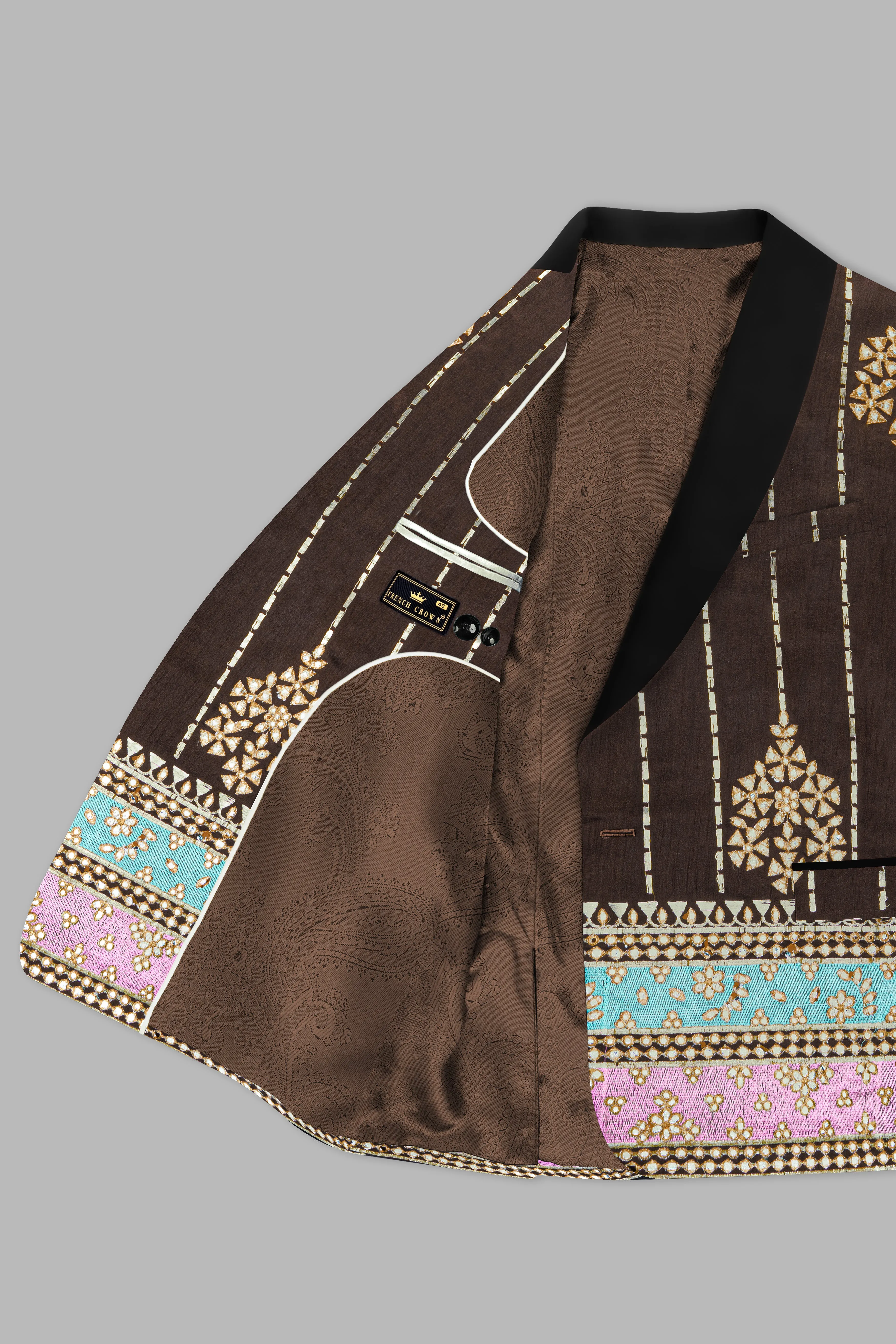 Bistre Brown With Downy Blue and pink Rajputi Embroidered Tuxedo Blazer