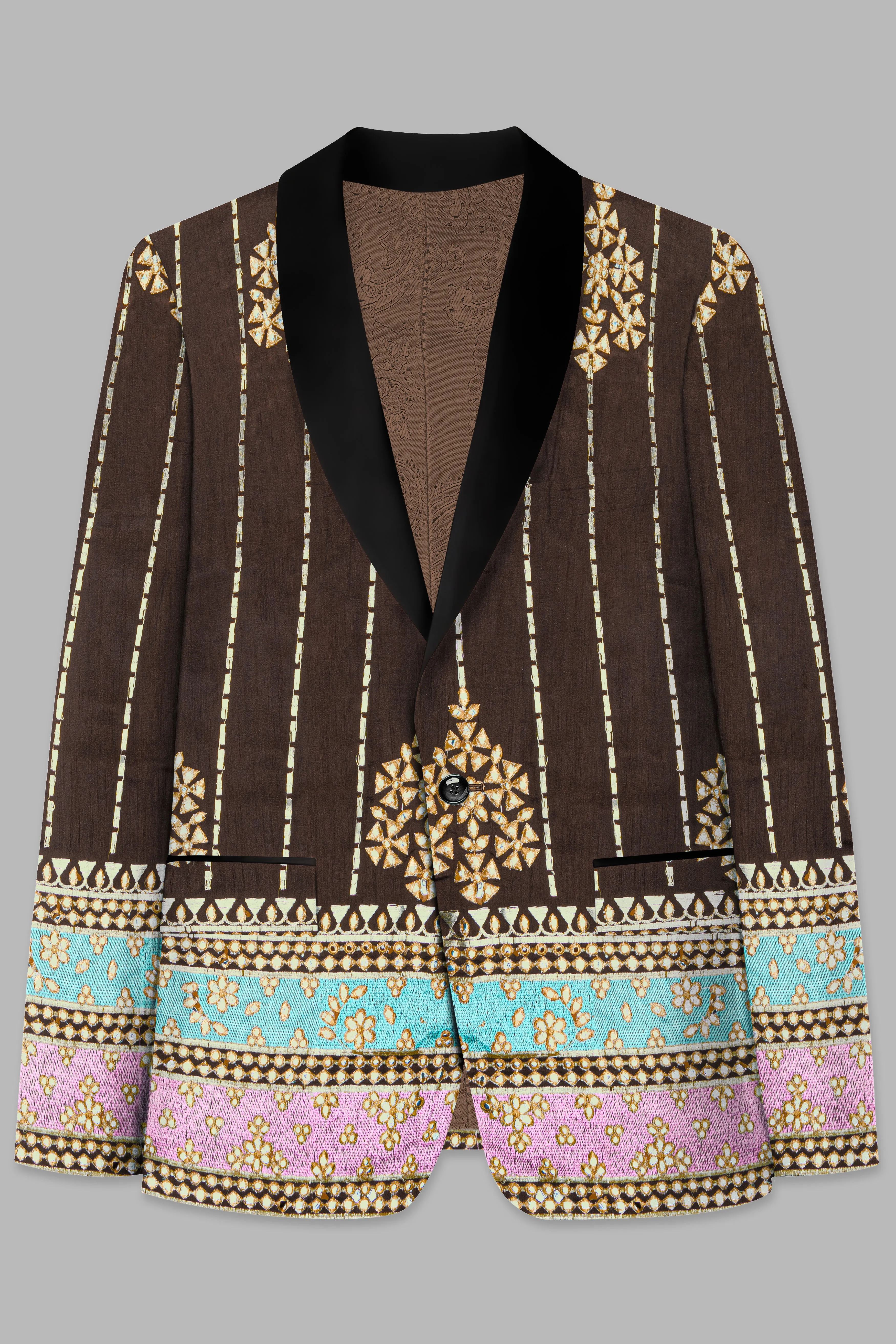 Bistre Brown With Downy Blue and pink Rajputi Embroidered Tuxedo Blazer