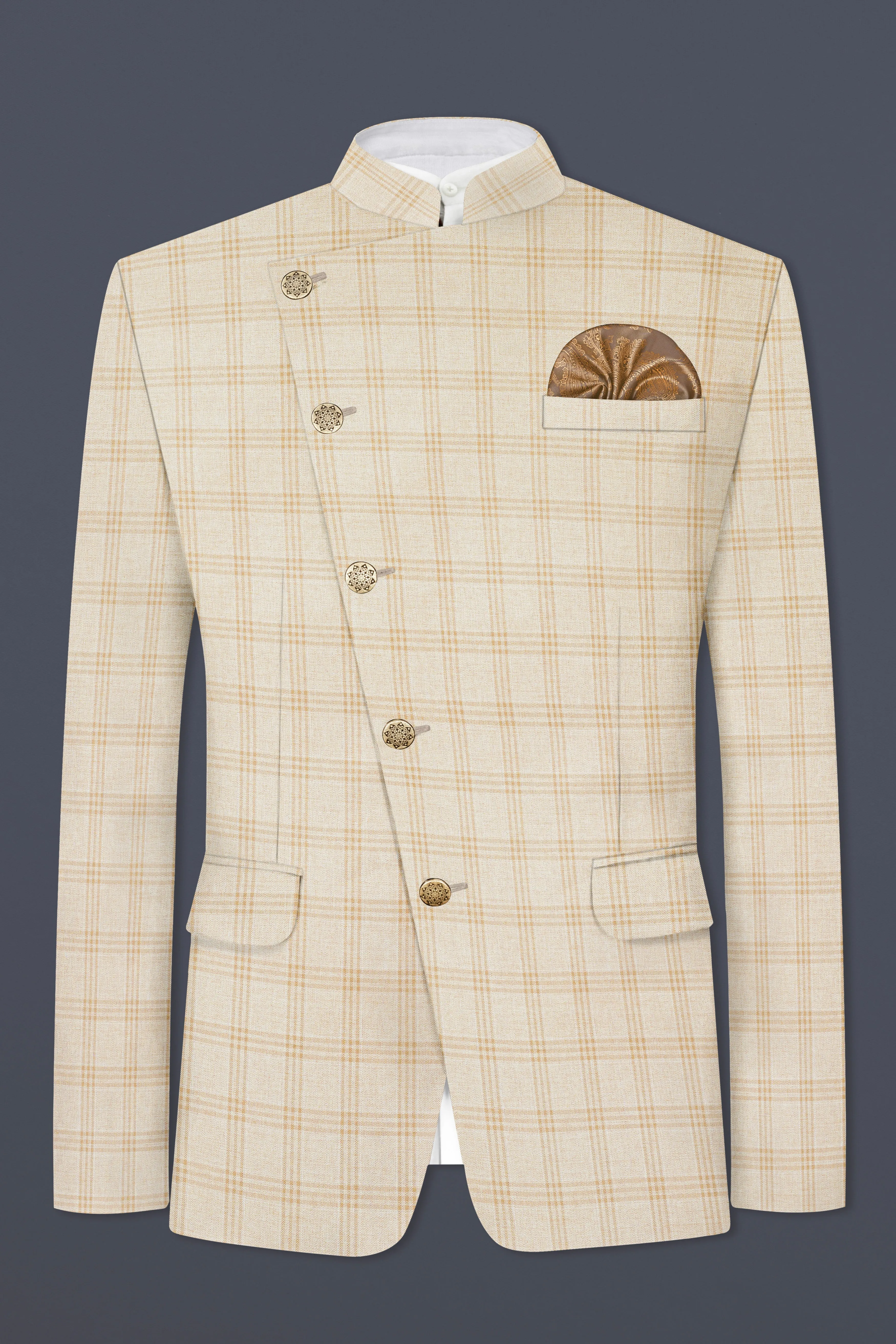 Bizarre Cream Windowpane Cross Placket Bandhgala Blazer