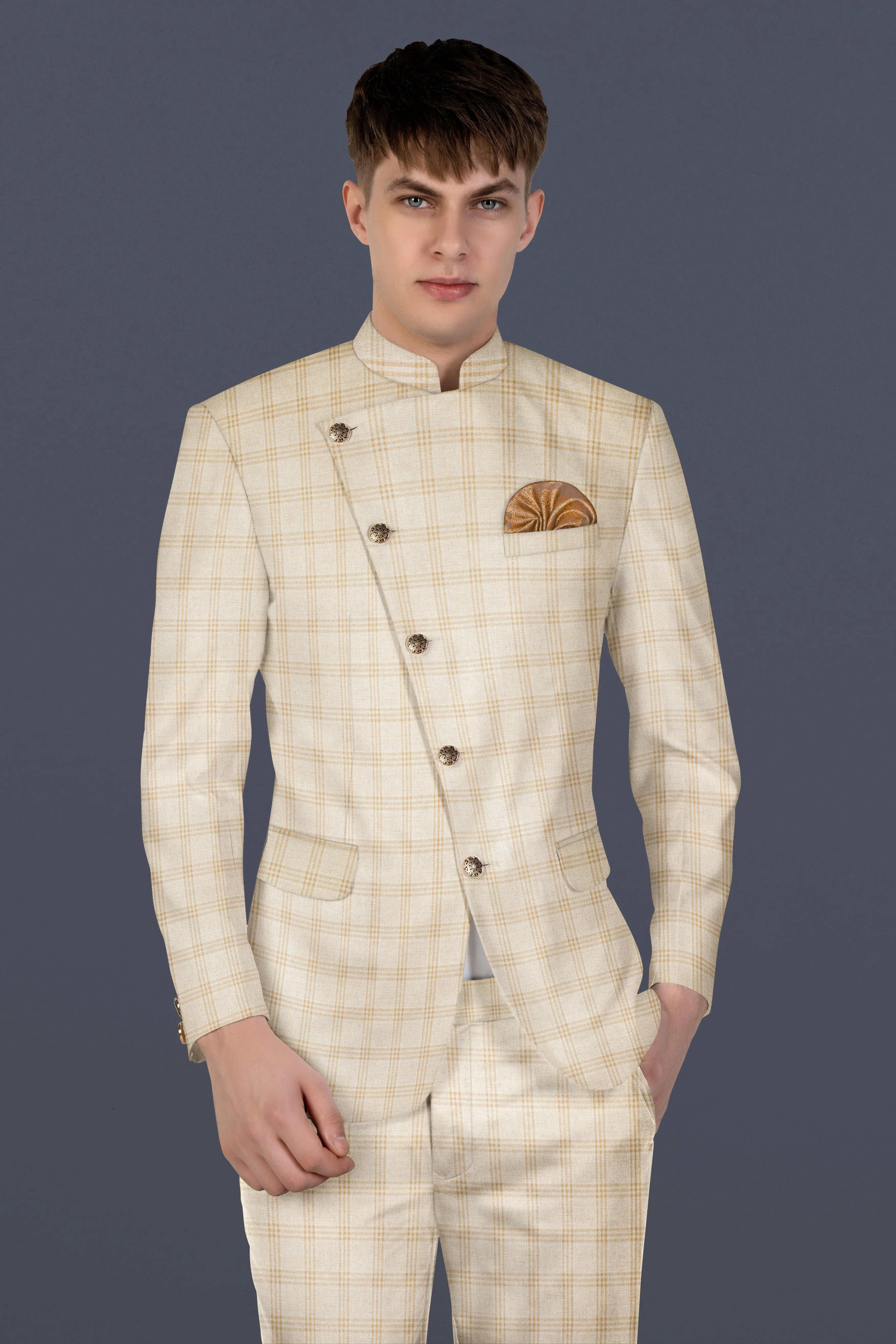 Bizarre Cream Windowpane Cross Placket Bandhgala Blazer