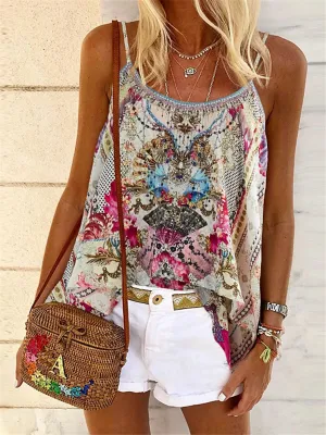 Bohemian Vintage Print Camisole Casual Flare Sleeve Blouses