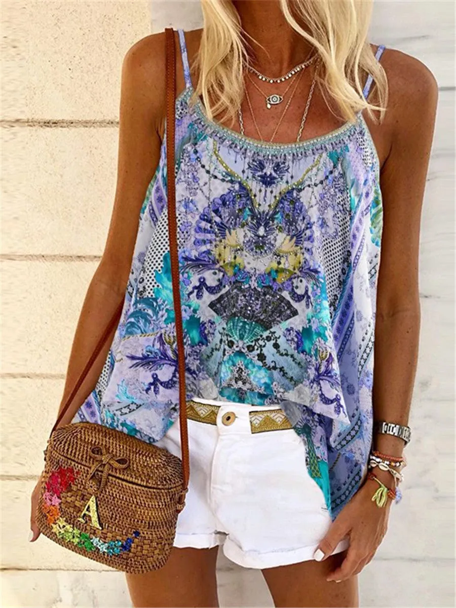 Bohemian Vintage Print Camisole Casual Flare Sleeve Blouses