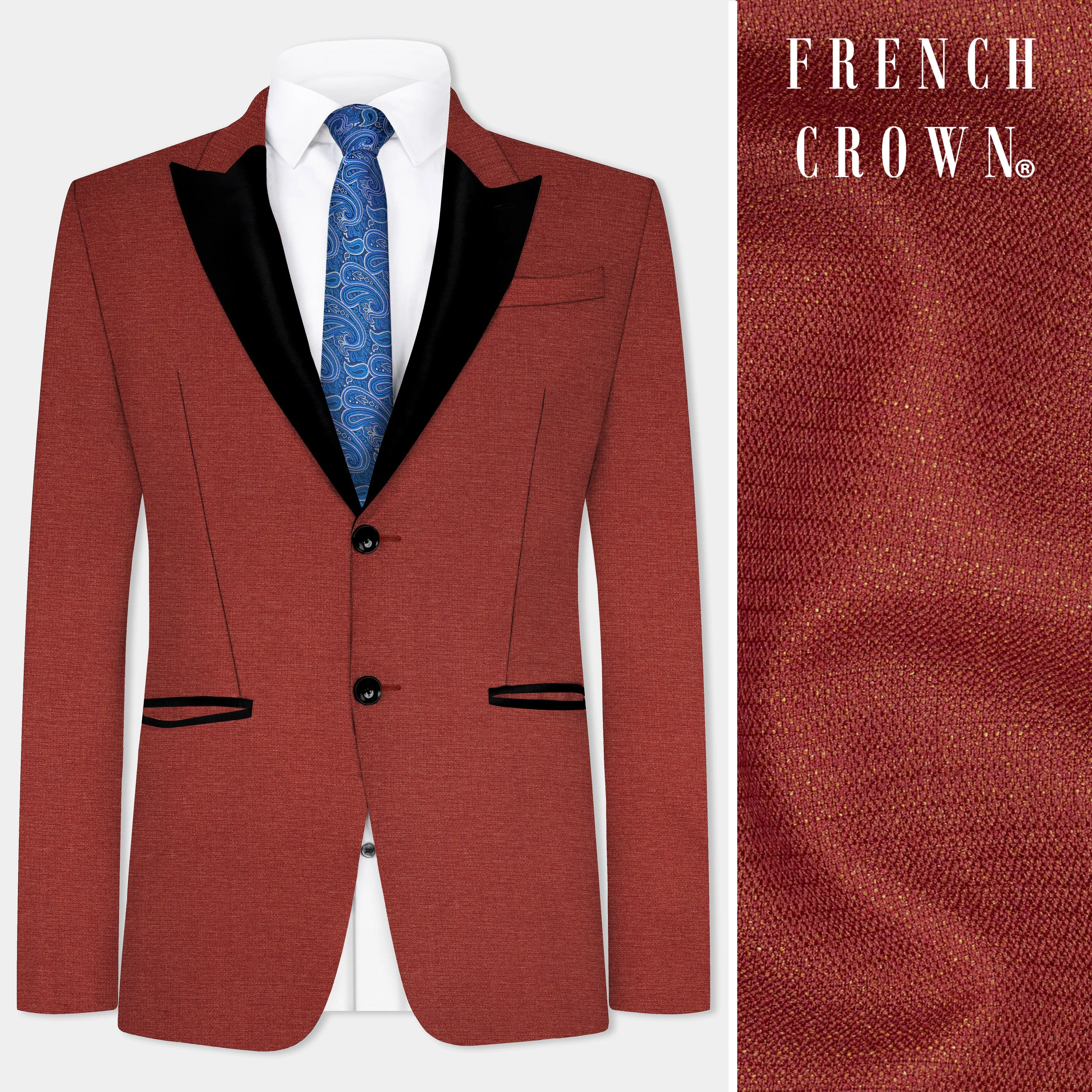 Brick Red Textured Peak Collar Tuxedo Blazer