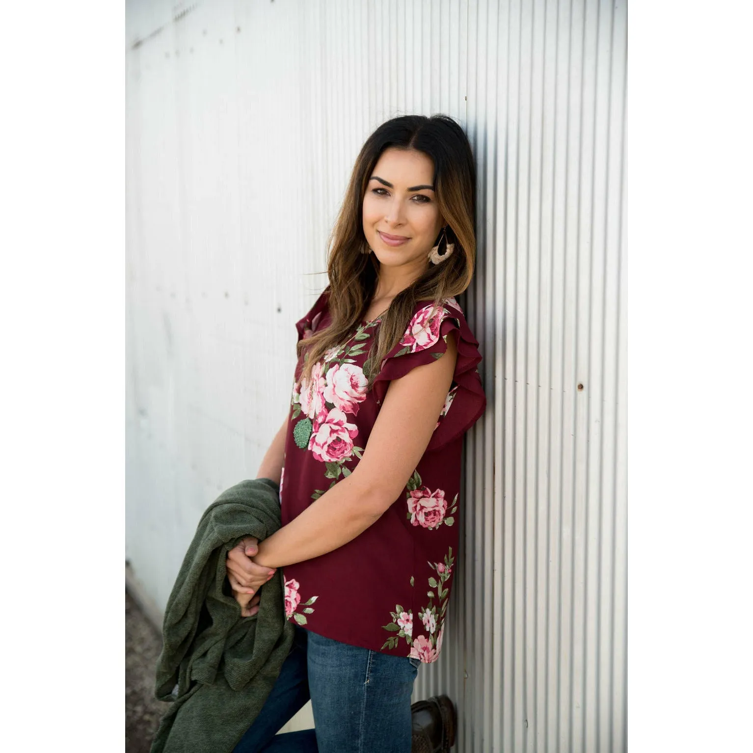 Burgundy Floral Flutter Blouse