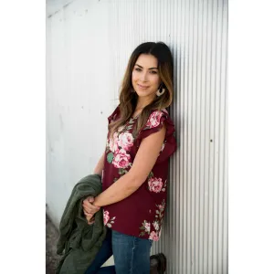 Burgundy Floral Flutter Blouse