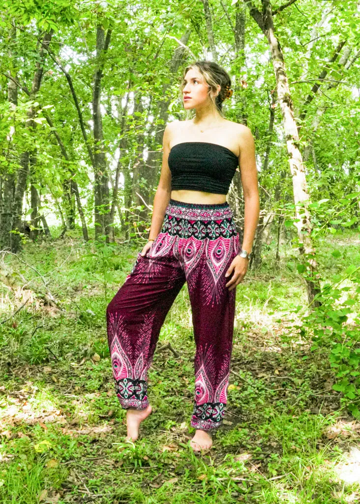 Burgundy Peace Peacock Harem Pants