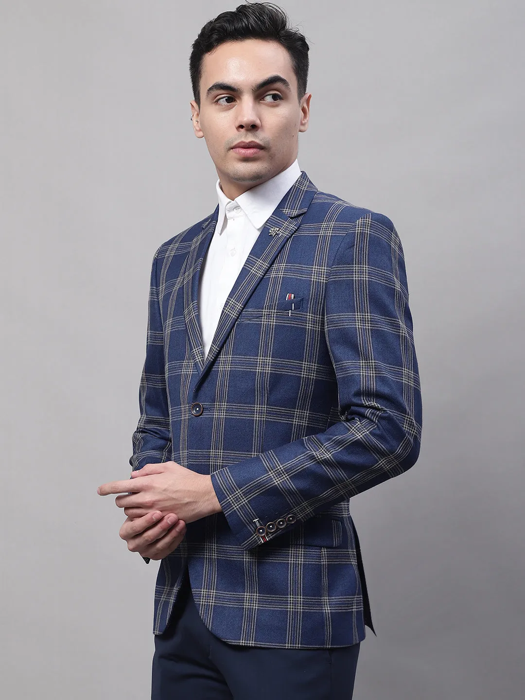 Cantabil Blue Checkered Full Sleeves Formal Blazer For Men