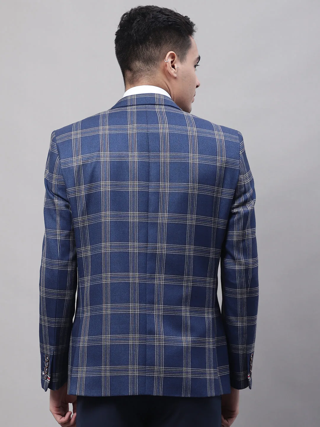 Cantabil Blue Checkered Full Sleeves Formal Blazer For Men