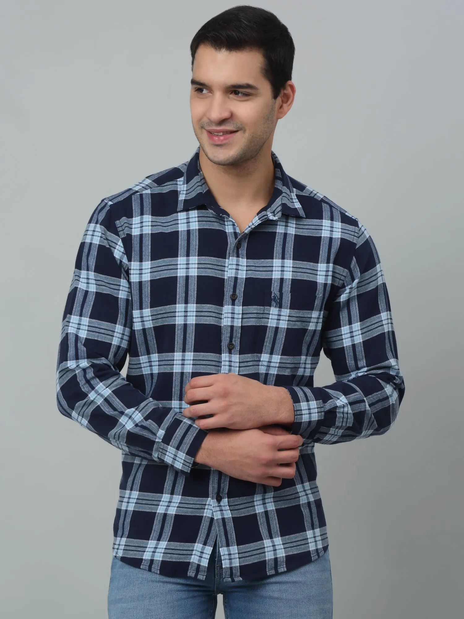 Cantabil Cotton Navy Blue Checkered Full Sleeve Regular Fit Casual Shirt for Men with Pocket