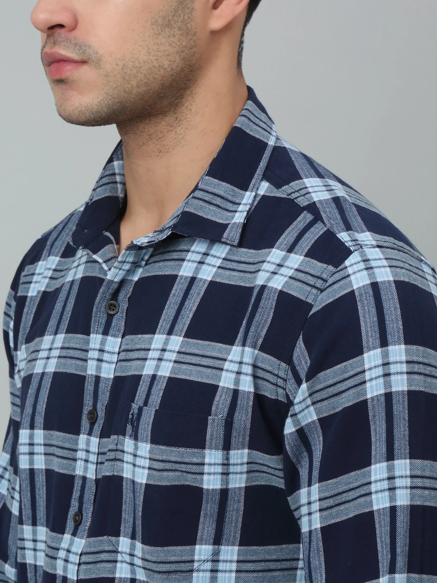 Cantabil Cotton Navy Blue Checkered Full Sleeve Regular Fit Casual Shirt for Men with Pocket