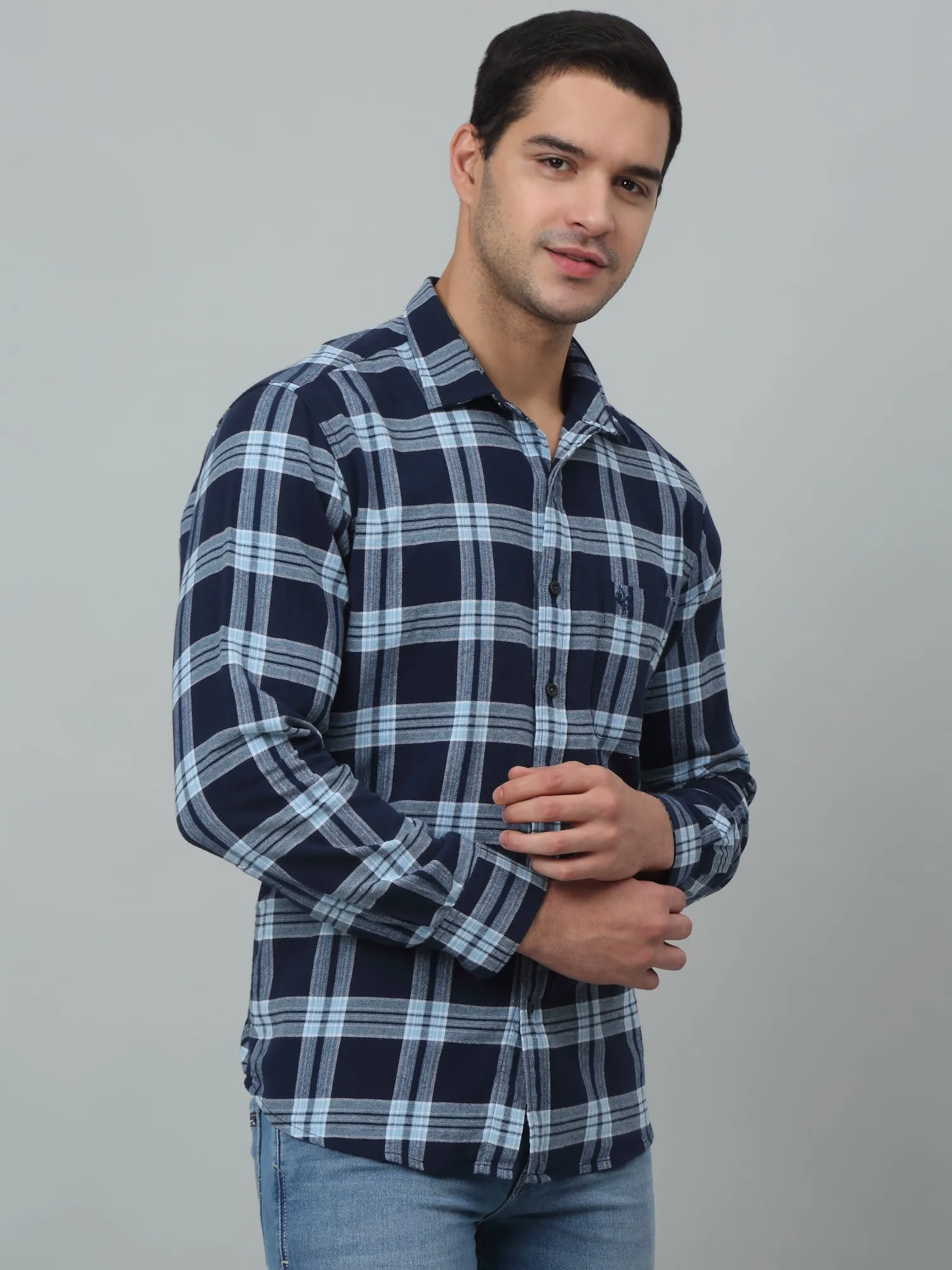 Cantabil Cotton Navy Blue Checkered Full Sleeve Regular Fit Casual Shirt for Men with Pocket