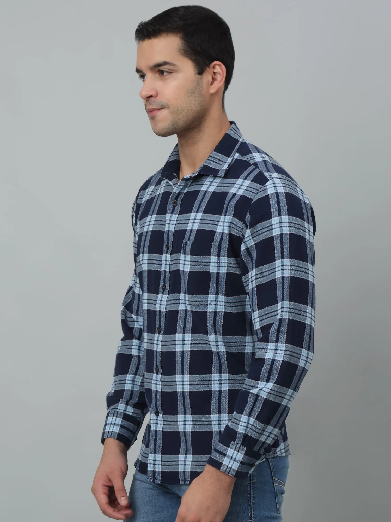 Cantabil Cotton Navy Blue Checkered Full Sleeve Regular Fit Casual Shirt for Men with Pocket