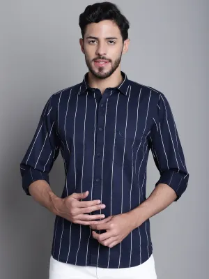 Cantabil Cotton Navy Blue Striped Full Sleeve Regular Fit Casual Shirt for Men with Pocket