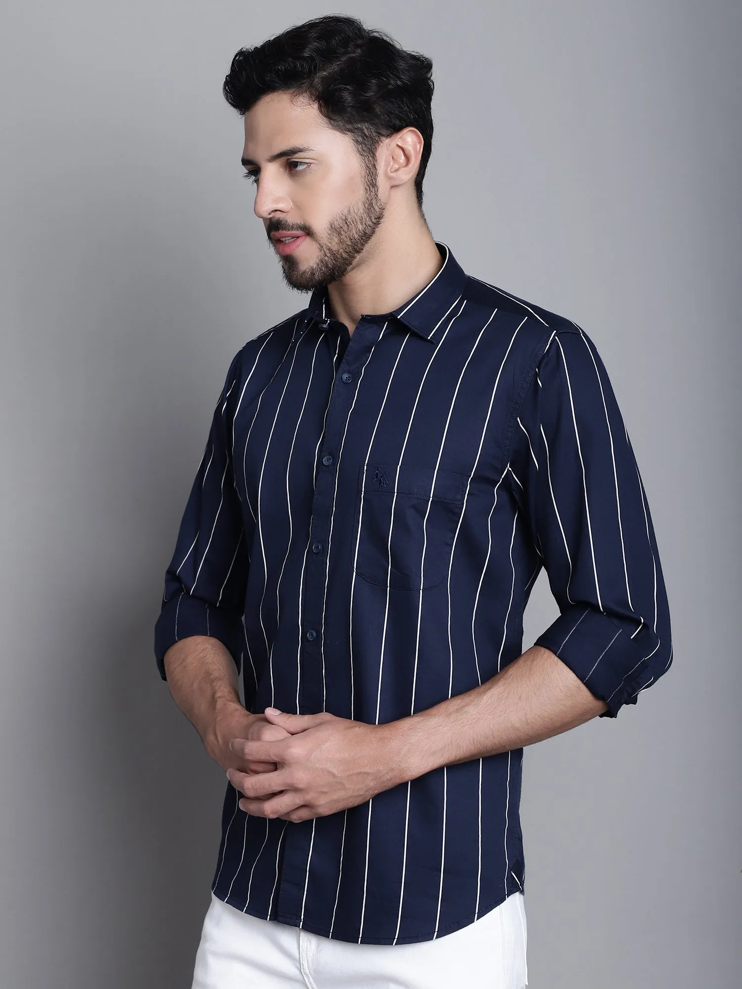 Cantabil Cotton Navy Blue Striped Full Sleeve Regular Fit Casual Shirt for Men with Pocket