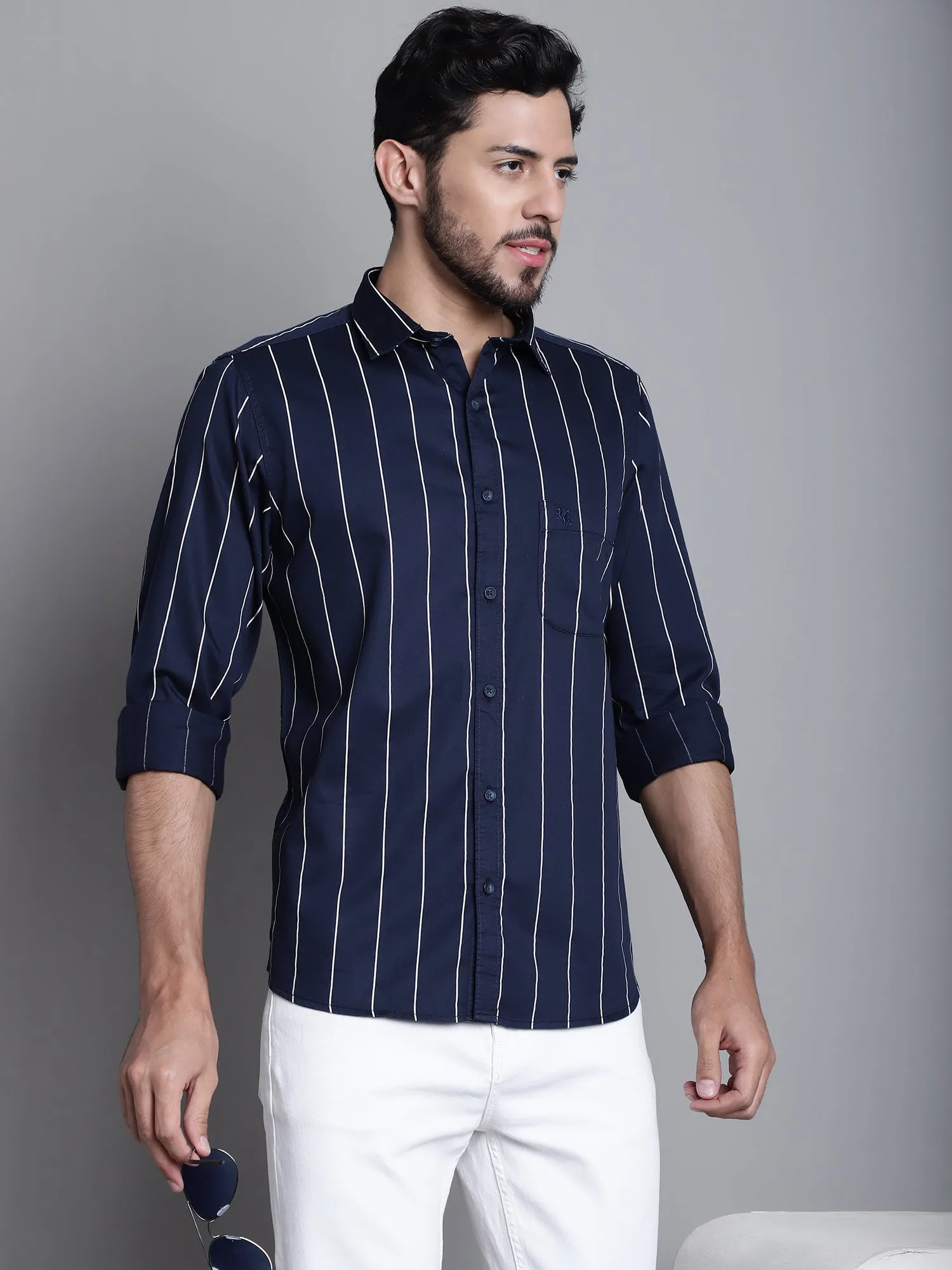 Cantabil Cotton Navy Blue Striped Full Sleeve Regular Fit Casual Shirt for Men with Pocket