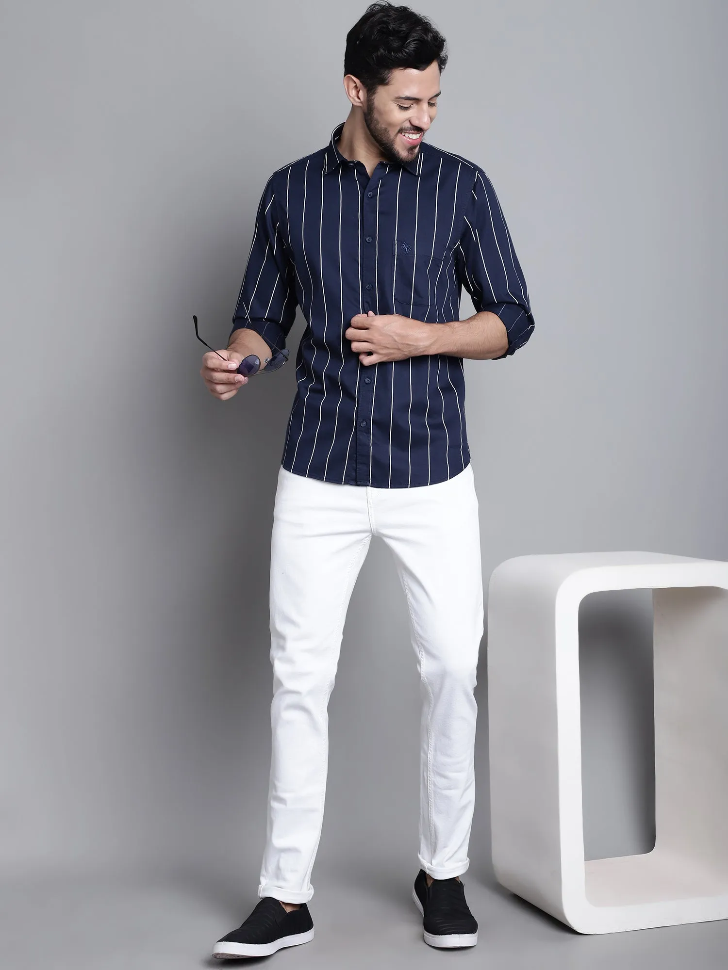 Cantabil Cotton Navy Blue Striped Full Sleeve Regular Fit Casual Shirt for Men with Pocket