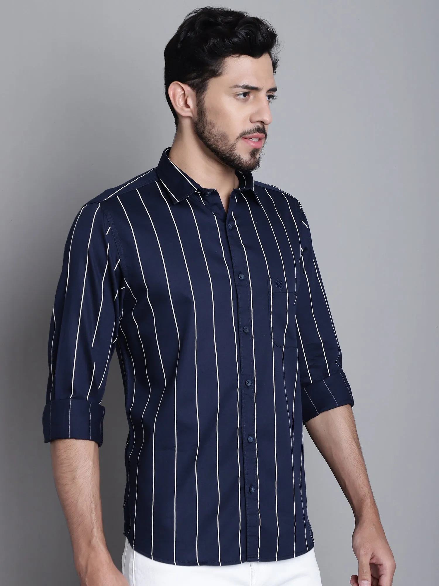 Cantabil Cotton Navy Blue Striped Full Sleeve Regular Fit Casual Shirt for Men with Pocket