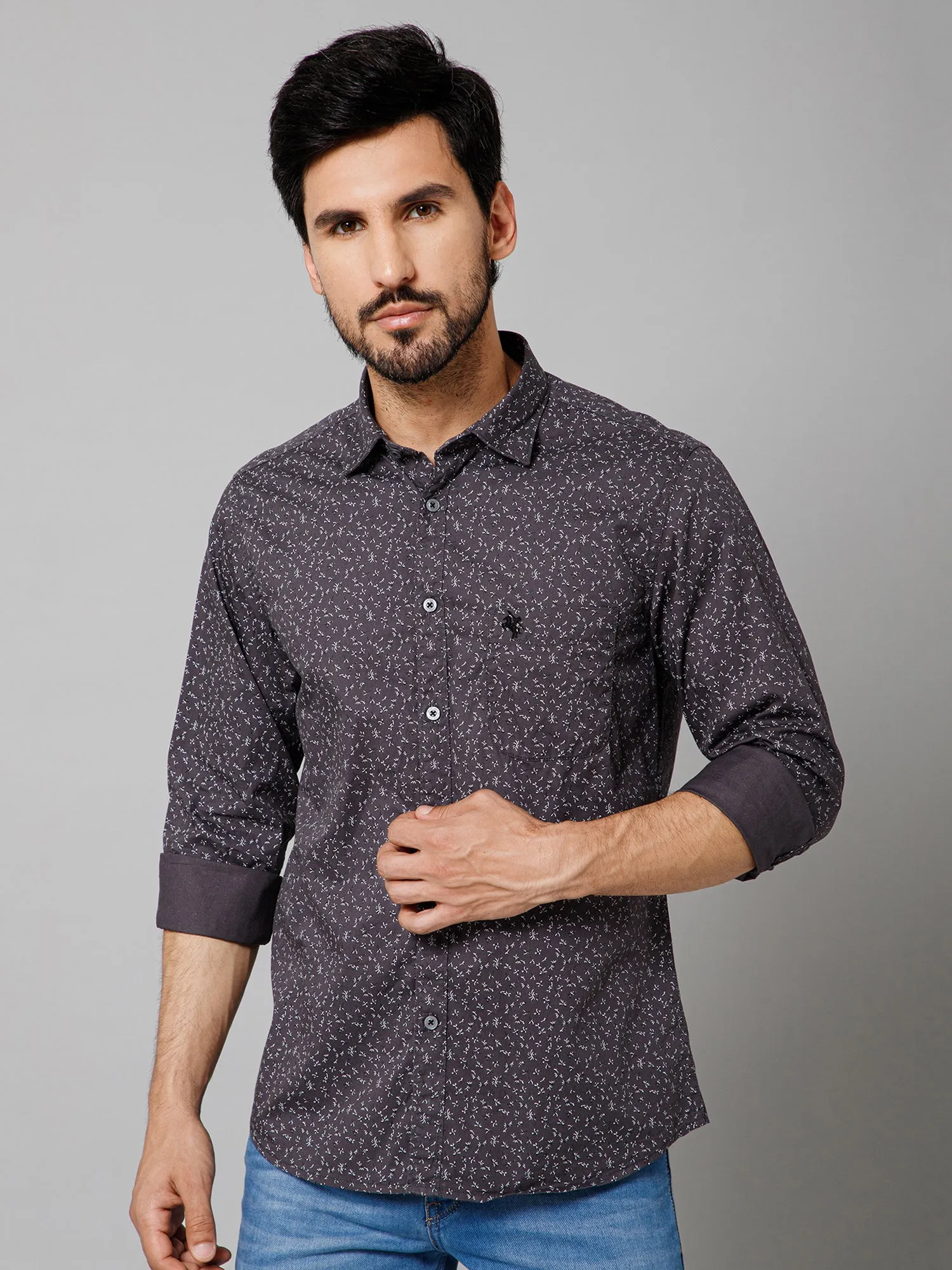 Cantabil Cotton Printed Full Sleeve Regular Fit Dark Grey Casual Shirt with Pocket for Men