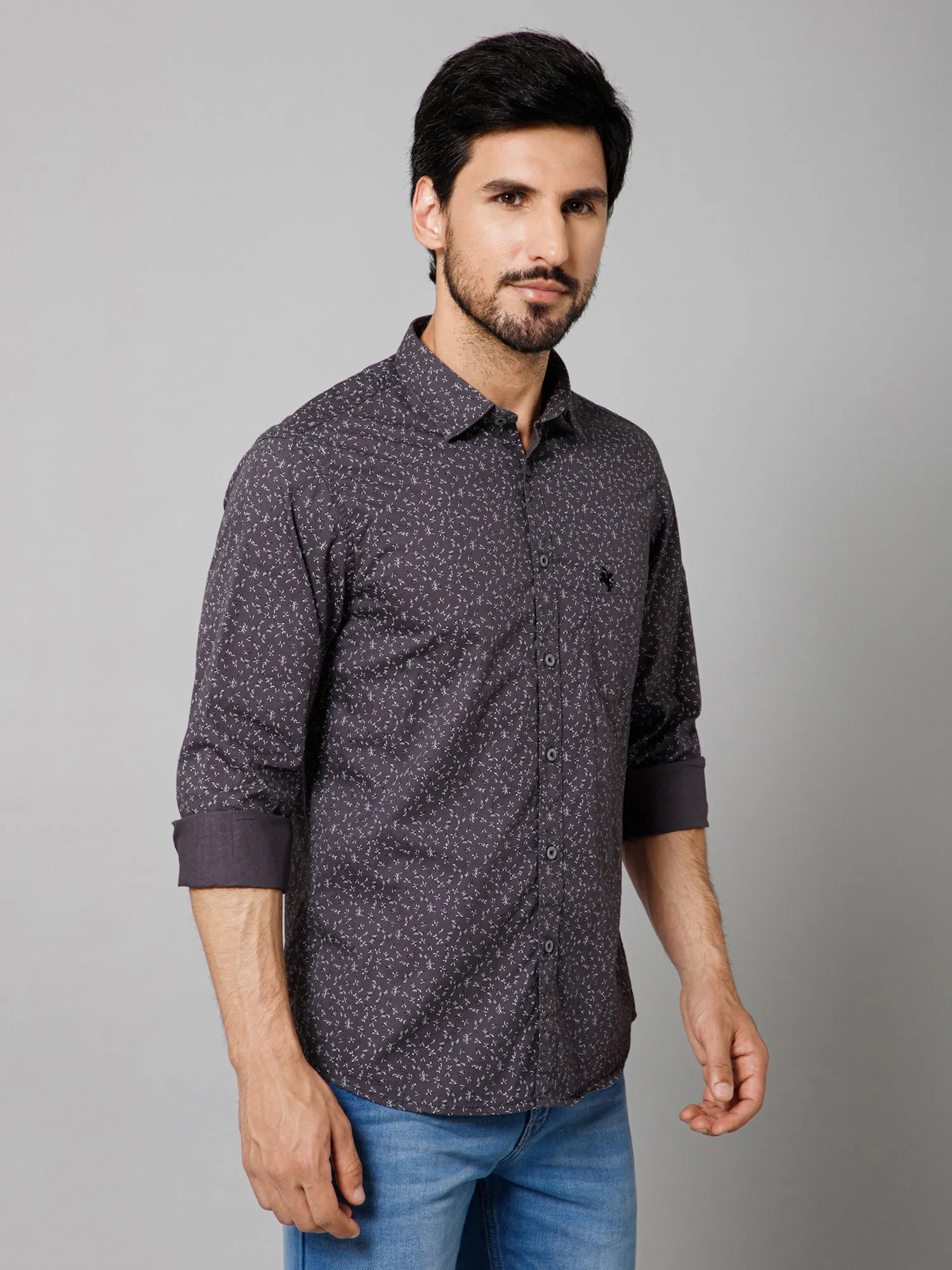 Cantabil Cotton Printed Full Sleeve Regular Fit Dark Grey Casual Shirt with Pocket for Men