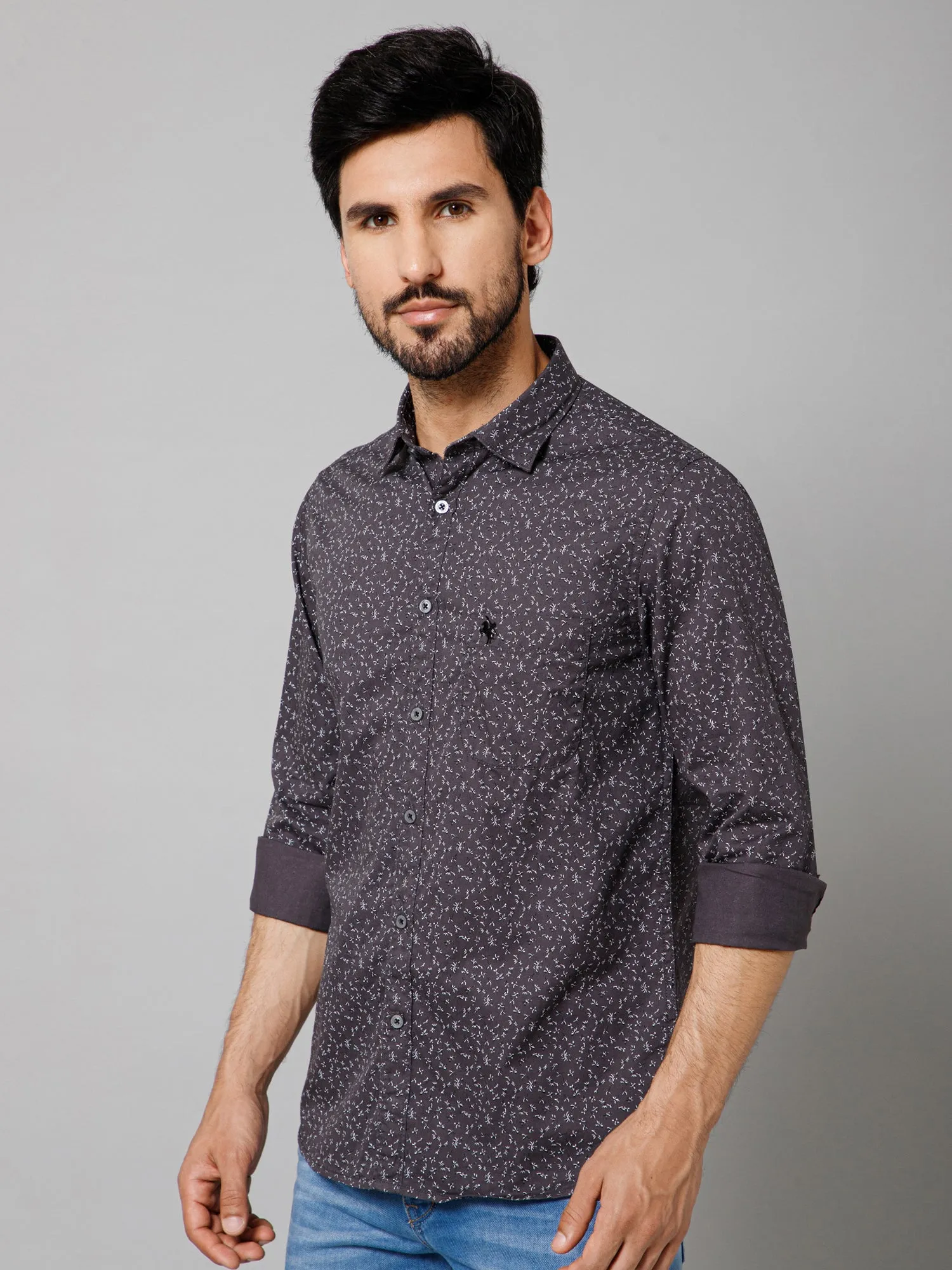 Cantabil Cotton Printed Full Sleeve Regular Fit Dark Grey Casual Shirt with Pocket for Men