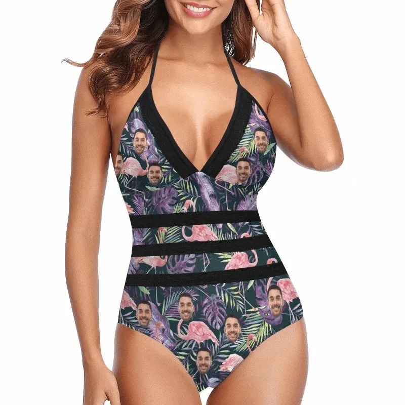 Couple Matching Hawaiian Shirts&Swimsuits with Faces on Them Flamingo Purple Leaf Personalized Hawaiian Shirts Face Aloha Shirt Gift for Him/Her