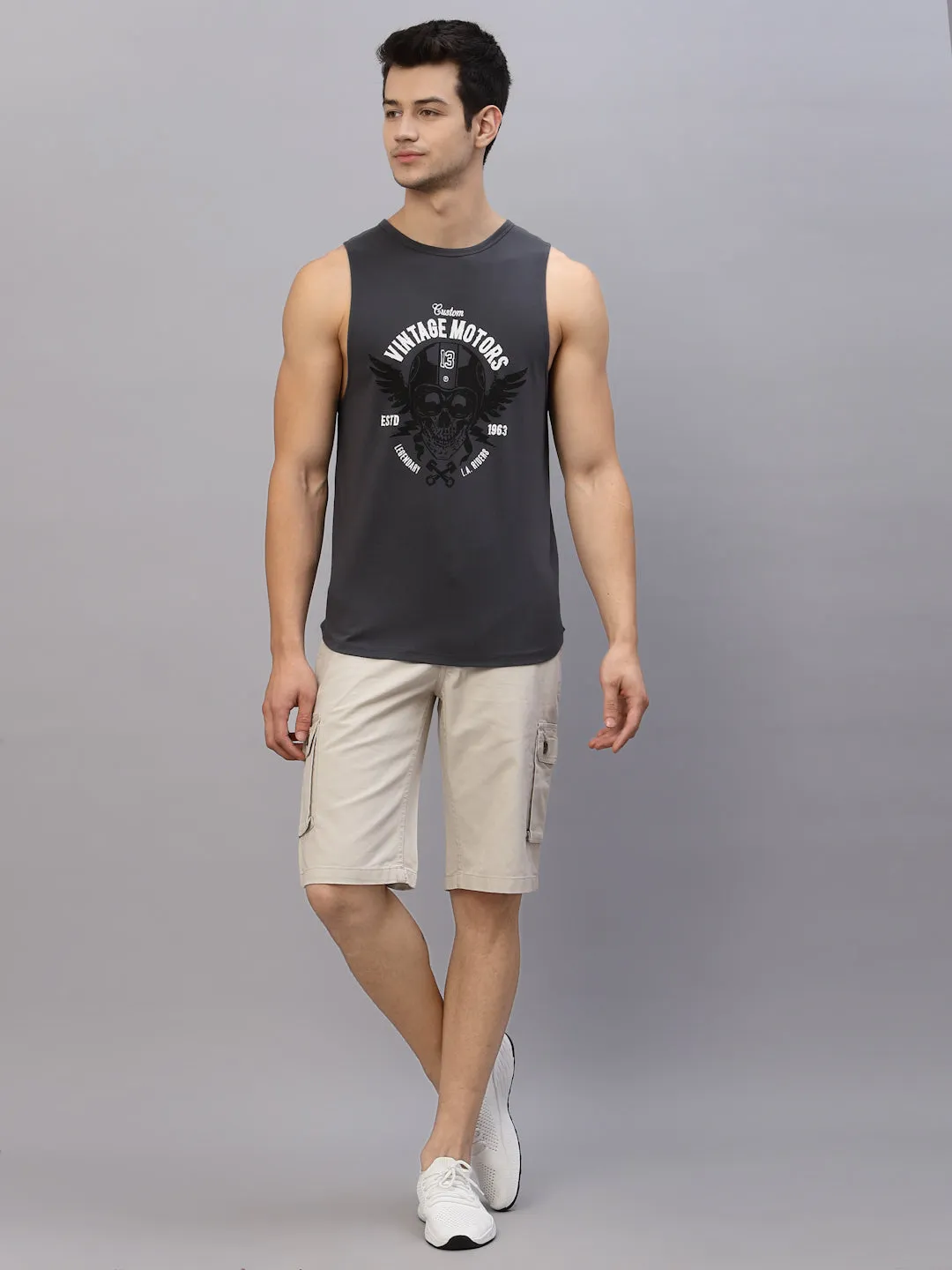 Dark Grey Printed Sleeveless Round Neck T-Shirt Vest