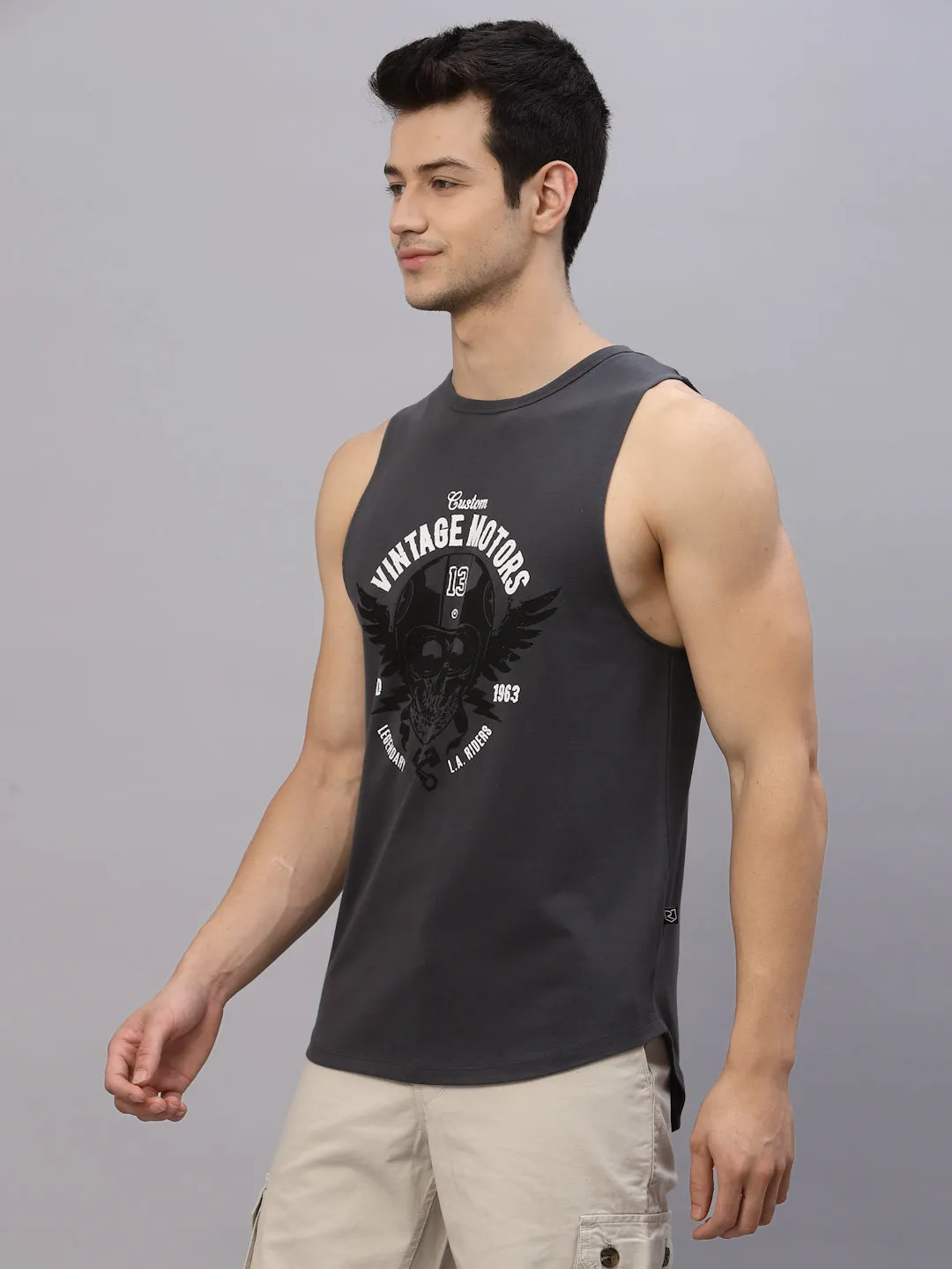 Dark Grey Printed Sleeveless Round Neck T-Shirt Vest