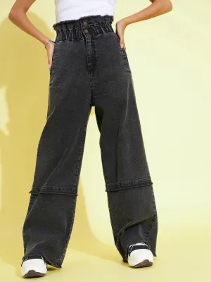 Girls Black Acid Wash Paper Bag Waist Straight Jeans