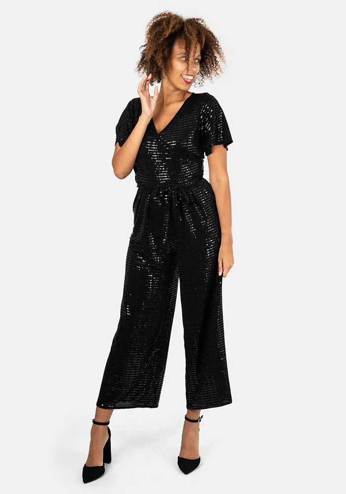 Gloria Black Sequin Culotte Leg Jumpsuit