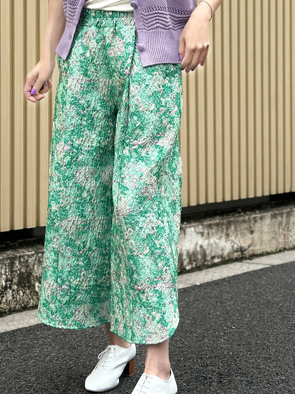 Green Floral Slit Detail pleated Front Culottes