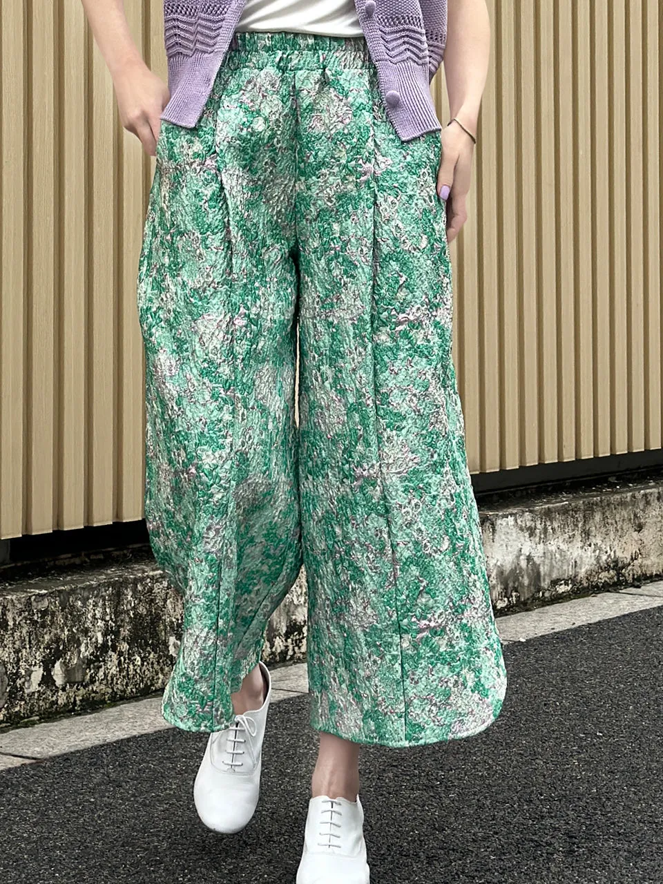 Green Floral Slit Detail pleated Front Culottes