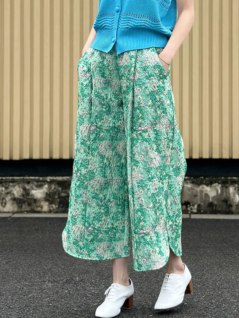 Green Floral Slit Detail pleated Front Culottes