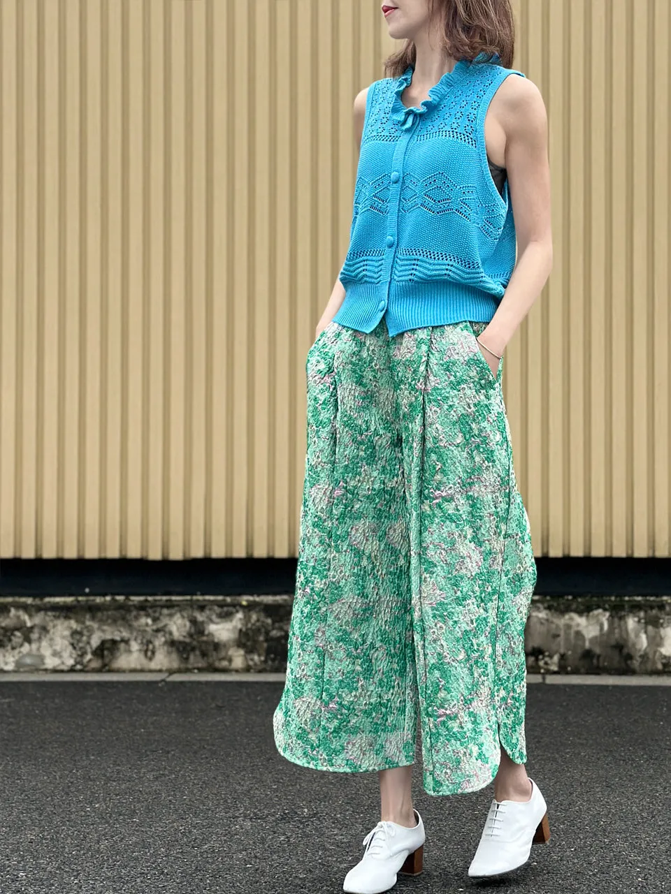 Green Floral Slit Detail pleated Front Culottes