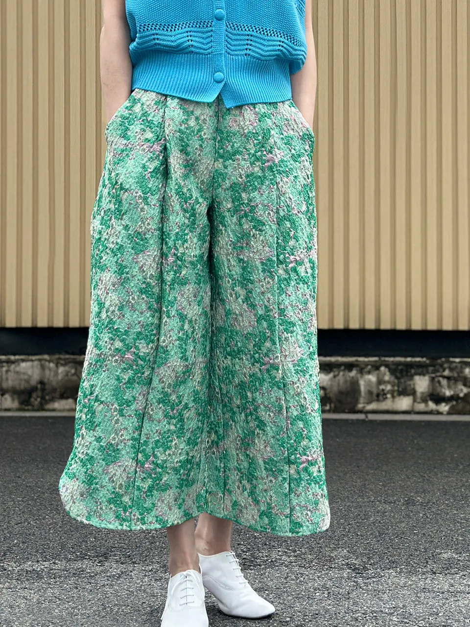 Green Floral Slit Detail pleated Front Culottes