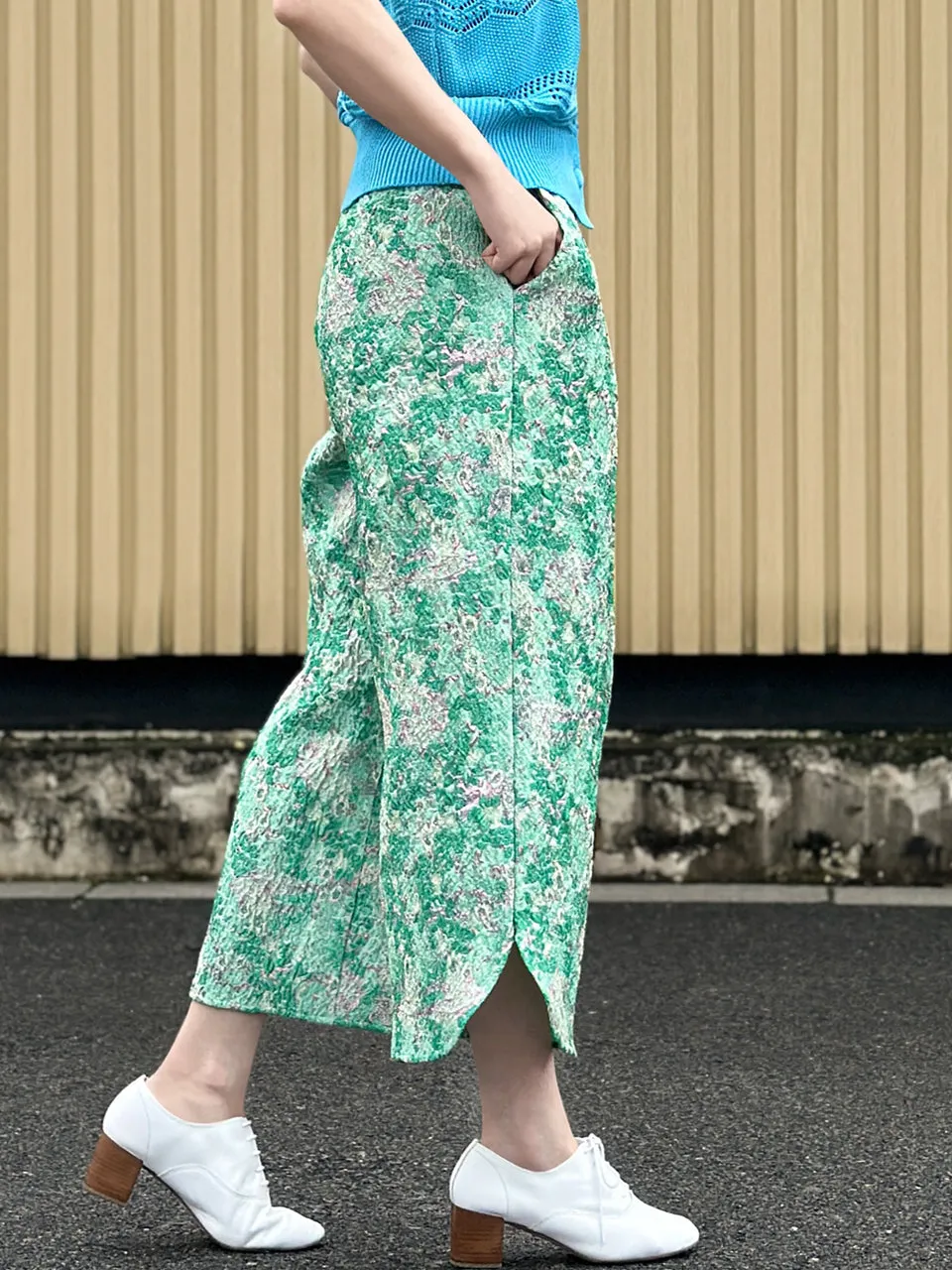 Green Floral Slit Detail pleated Front Culottes